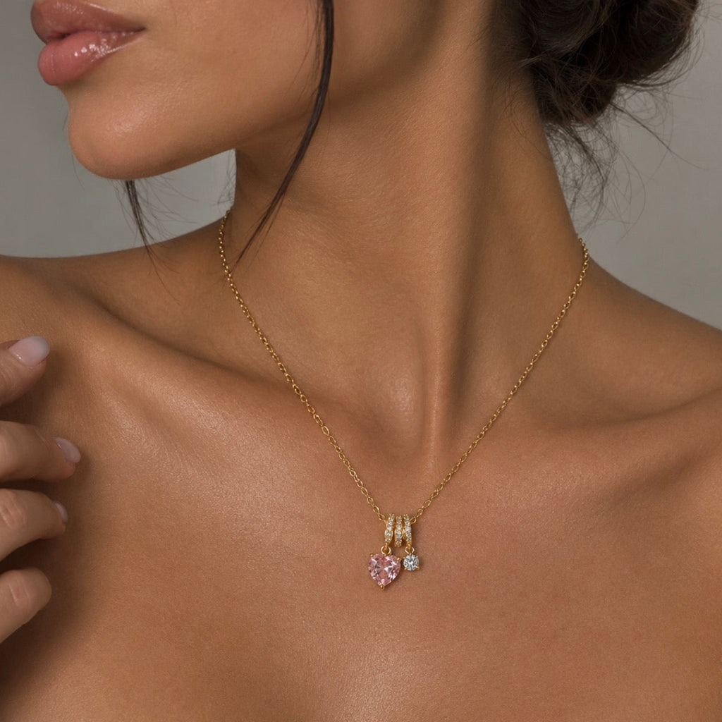 Pink Heart Charm Necklace – Gold